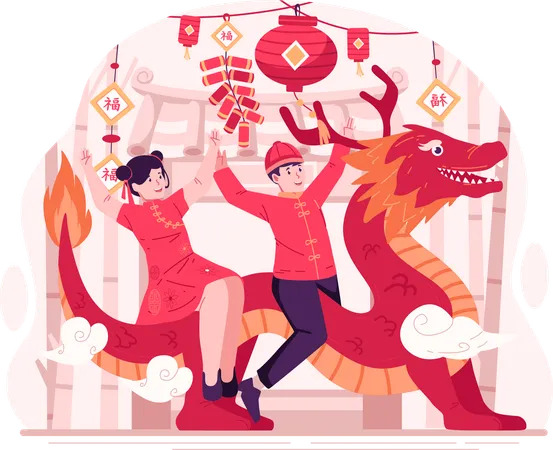 Crianças montando um dragão chinês  Ilustração