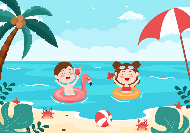 Crianças nadando no mar  Ilustração