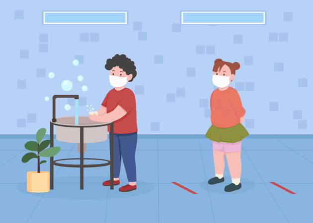 Crianças no banheiro com distanciamento social  Ilustração