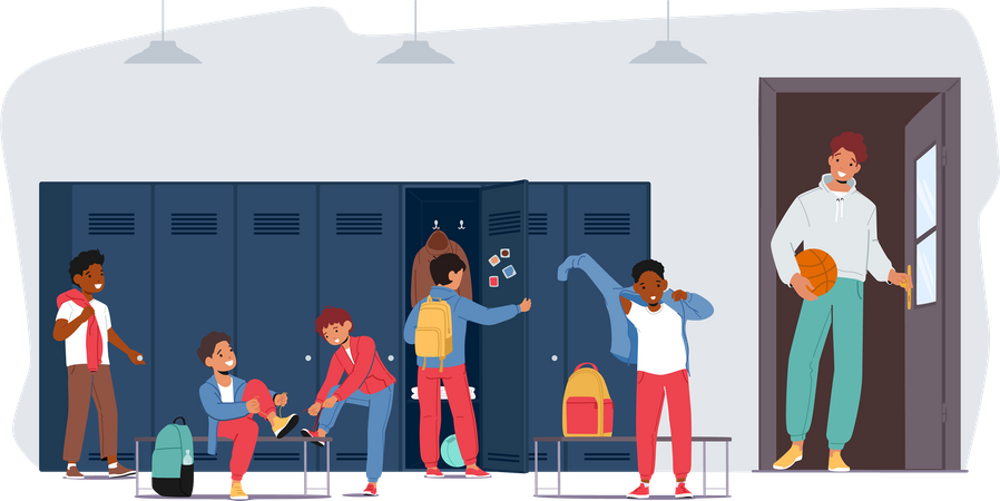 Crianças no vestiário esportivo escolar  Ilustração