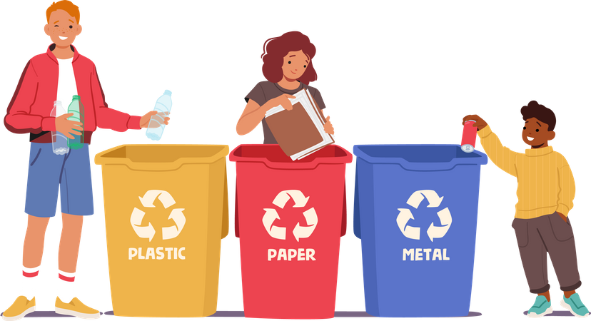 Crianças participando do processo de reciclagem  Ilustração