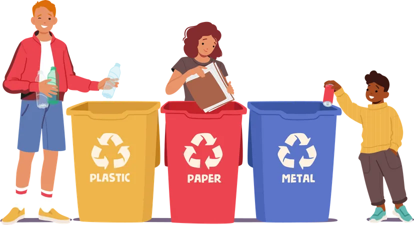 Crianças participando do processo de reciclagem  Ilustração