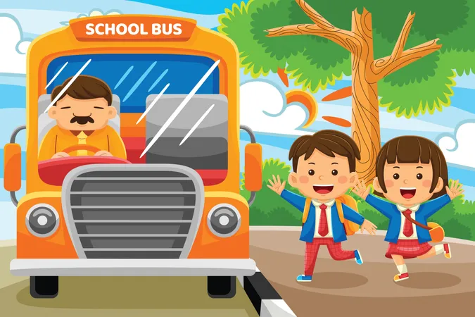 Crianças pegando ônibus escolar  Ilustração