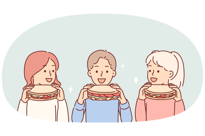 Crianças pequenas comem sanduíches saciando a fome com um lanche delicioso comprado em um café fast food  Ilustração