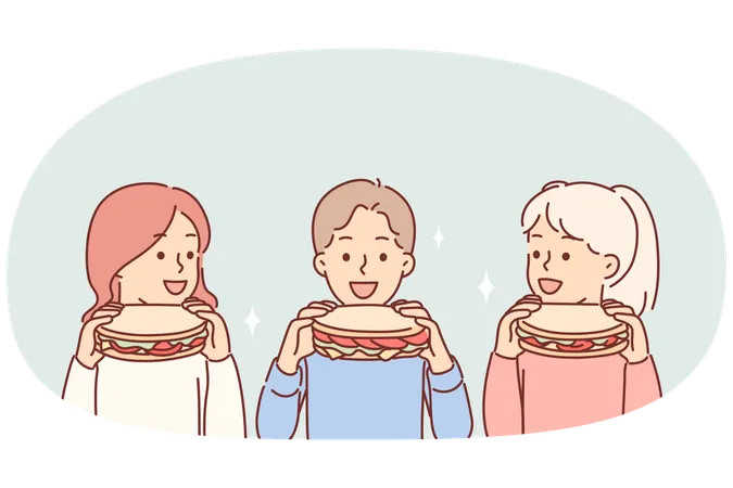 Crianças pequenas comem sanduíches saciando a fome com um lanche delicioso comprado em um café fast food  Ilustração