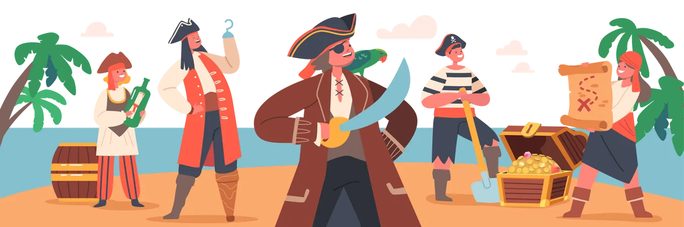 Crianças piratas na ilha secreta, personagem infantil engraçado usam fantasias de Picaroon com baú de tesouro ou garrafa com mensagem  Ilustração