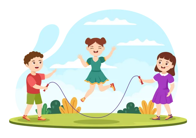 Crianças pulando corda no parque  Ilustração