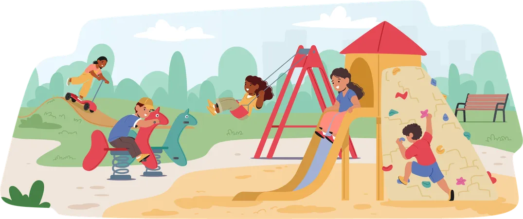 Crianças rindo invadem o playground e escalam com alegria destemida  Ilustração