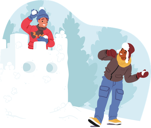 Crianças risonhas se envolvem em lutas épicas de bolas de neve  Ilustração