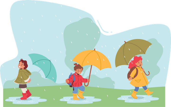 Crianças segurando guarda-chuva na chuva  Ilustração