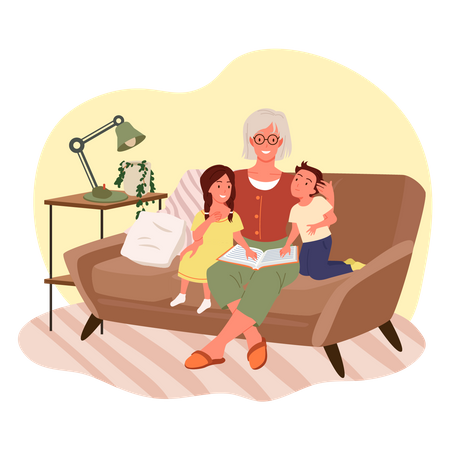 Crianças sentadas com a avó  Ilustração