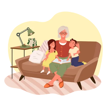 Crianças sentadas com a avó  Ilustração