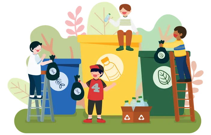 Crianças classificando o lixo de acordo com diferentes lixeiras  Ilustração