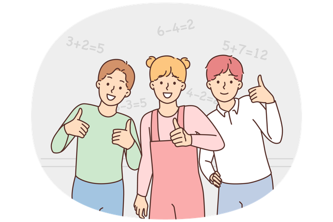 Crianças sorridentes na escola mostram o polegar para cima recomendando educação de boa qualidade  Ilustração
