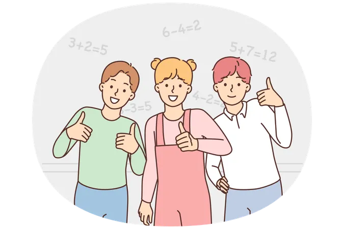 Crianças sorridentes na escola mostram o polegar para cima recomendando educação de boa qualidade  Ilustração