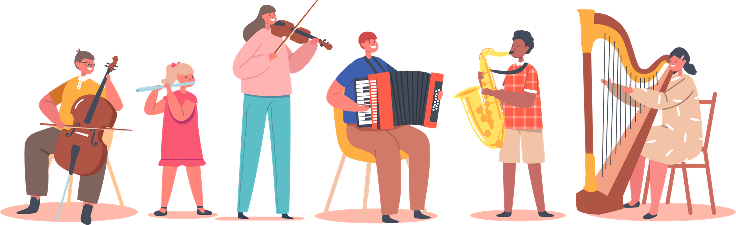 Crianças tocando instrumentos clássicos  Ilustração