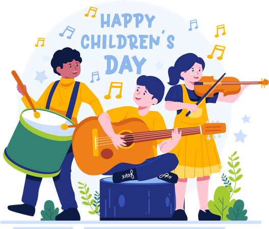 Crianças tocando instrumentos musicais juntos  Ilustração