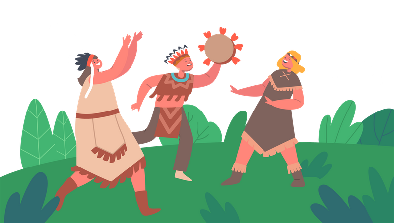Crianças usam trajes tradicionais e tocam bateria e dançam  Ilustração