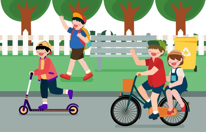 Crianças usando veículos ecológicos  Ilustração