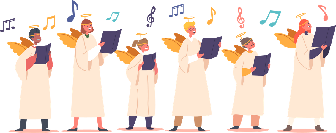 Crianças usam fantasias de anjo e cantam harmoniosamente no coro  Ilustração