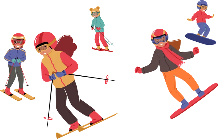 Crianças vestidas com roupas de inverno praticando snowboard e esqui na montanha  Ilustração