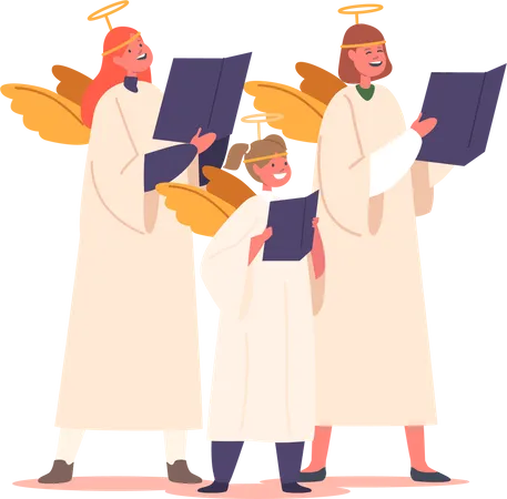 Crianças vestindo fantasias de anjo cantam em um coro  Ilustração