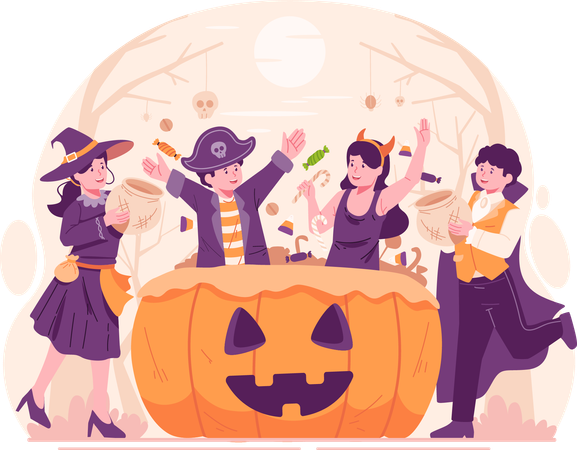Crianças vestindo fantasias de Halloween e se divertindo com uma grande cesta de abóbora cheia de doces e balas  Ilustração