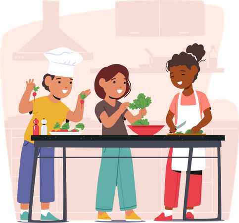 Crianças vestindo uniformes de chef e preparando salada de legumes  Ilustração