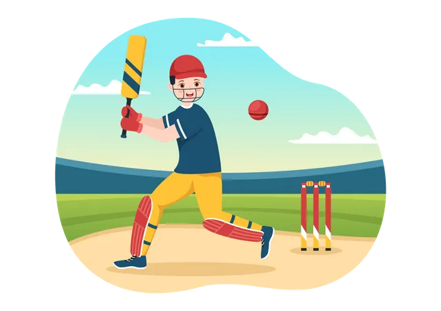 Batsman Playing Cricket Sport Illustration With Bat And Balls In The Field For Championship In Flat Cartoon Hand Drawn Templates イラスト