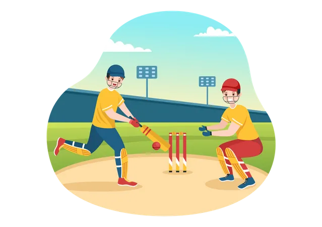 Batsman Playing Cricket Sport Illustration With Bat And Balls In The Field For Championship In Flat Cartoon Hand Drawn Templates Illustration