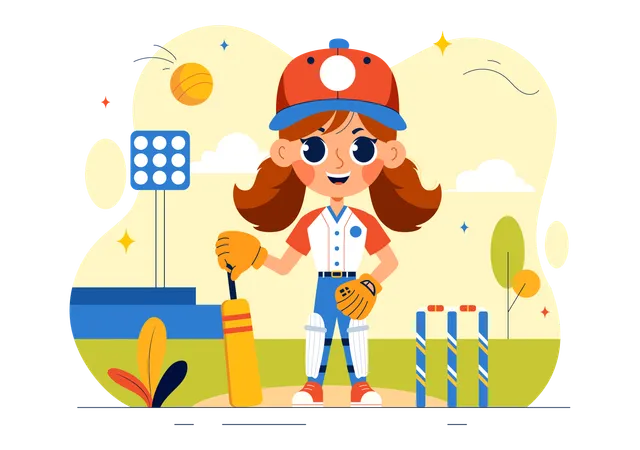 ピッチに立つクリケット選手  イラスト