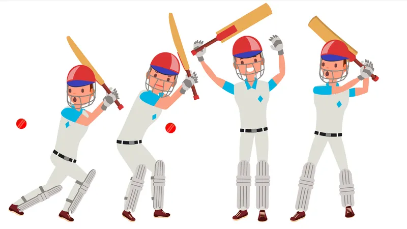 Cricketspieler, Vector., In, Action., Cricketteam, Character., Poses., Flache, Karikatur, Abbildung  Illustration