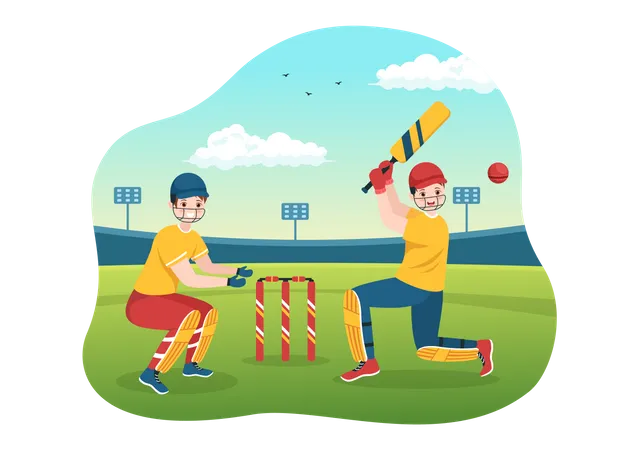 Batsman Playing Cricket Sport Illustration With Bat And Balls In The Field For Championship In Flat Cartoon Hand Drawn Templates Illustration