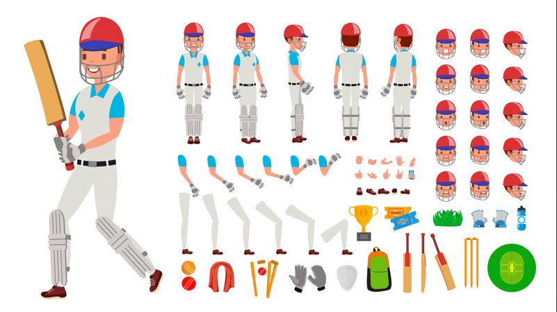 Cricketspieler, Männlich, Vector., Sport, Cricketspieler, Man., Cricketspieler, Animiert, Zeichen, Schöpfung, Set., Volle Länge, Front, Seite, Rückenansicht, Accessoirs, Posen, Emotionen, Gestures., Freigestellt, Flache, Abbildung  Illustration