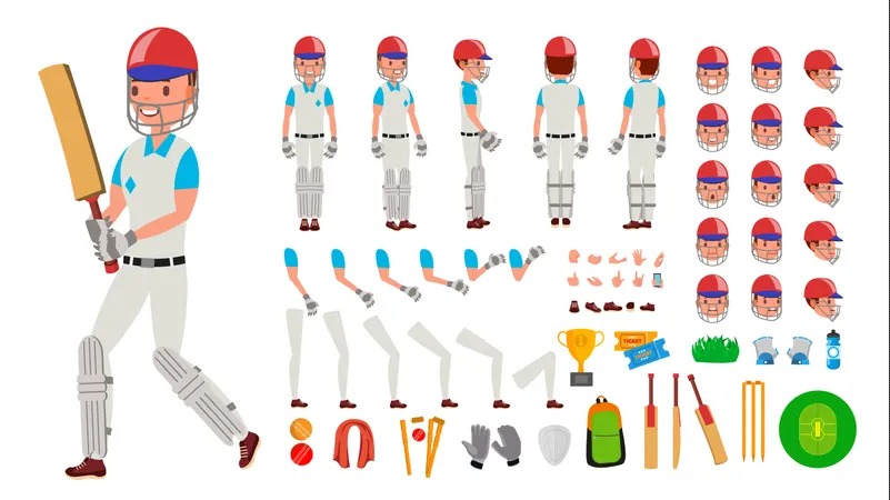 Cricketspieler, Männlich, Vector., Sport, Cricketspieler, Man., Cricketspieler, Animiert, Zeichen, Schöpfung, Set., Volle Länge, Front, Seite, Rückenansicht, Accessoirs, Posen, Emotionen, Gestures., Freigestellt, Flache, Abbildung  Illustration