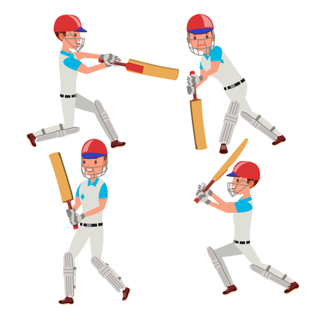 Cricketspieler, Vector., Tragen, Sport, Uniform, Clothes., Verschieden, Poses., Karikatur, Zeichen, Abbildung  Illustration