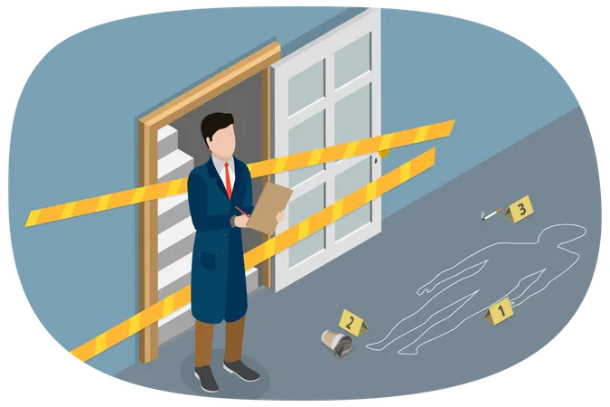 3 D Isometric Flat Vector Illustration Of Crime Scene Police Inspector Or Private Detective Taking Notes Illustration