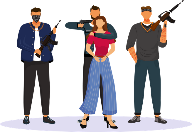 Criminal grouping with tied hostage  Illustration