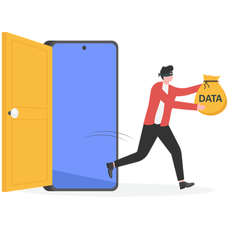 Criminal man thief holding bag with word data running away from secret door on laptop  Illustration