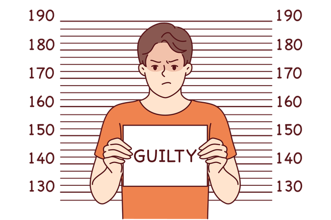 Criminal stands with guilty sign board  Illustration