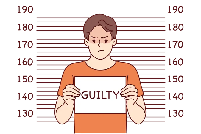 Criminal stands with guilty sign board  Illustration