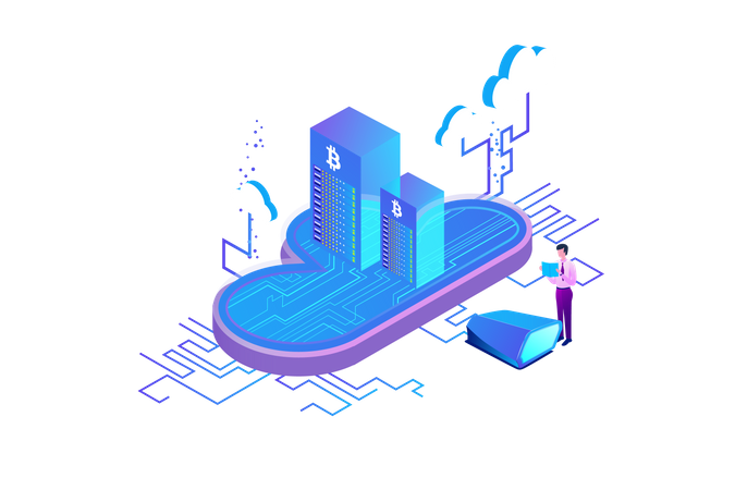 Criptomoeda Bitcoin de mineração em nuvem  Ilustração