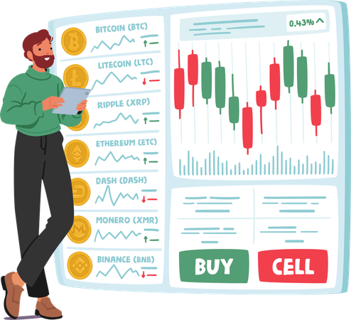 O trader de criptomoedas usa um aplicativo de negociação para gerenciar ativos digitais  Ilustração