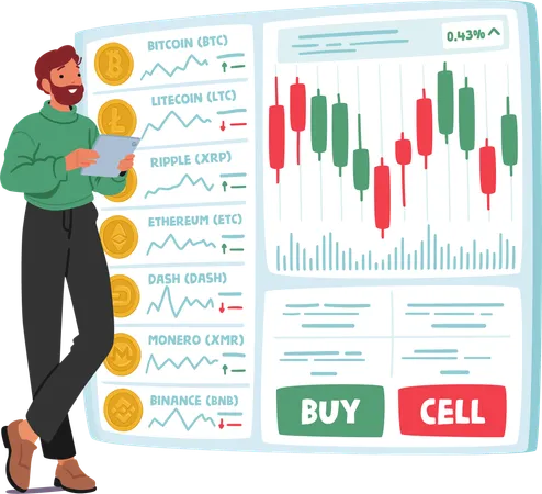 O trader de criptomoedas usa um aplicativo de negociação para gerenciar ativos digitais  Ilustração