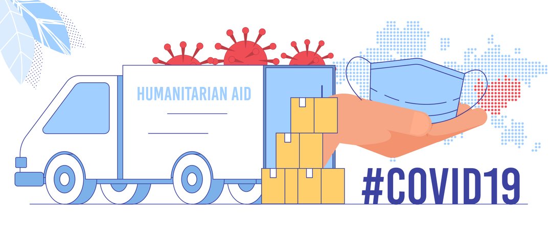 Crisis global de la epidemia de coronavirus, entrega de emergencia de ayuda humanitaria, concepto de resolución de problemas de déficit de mascarillas  Ilustración