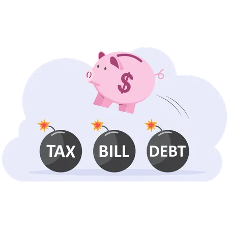 Piggy Bank Surrounded By Tax Bill Debt Bombs Crisis Of Banking And Finance Flat Illustration