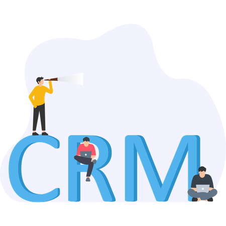 CRM Customer Relationship Management business  with team working on laptops  Illustration