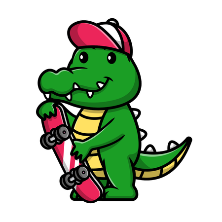 Crocodile Holding Skateboard And Wearing Hat  Illustration