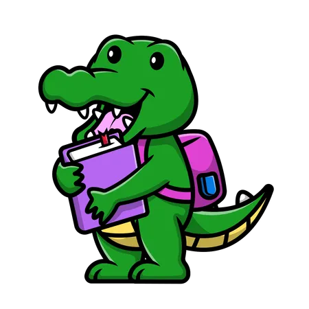 Crocodile Student Holding Book And Wearing Backpack  Illustration