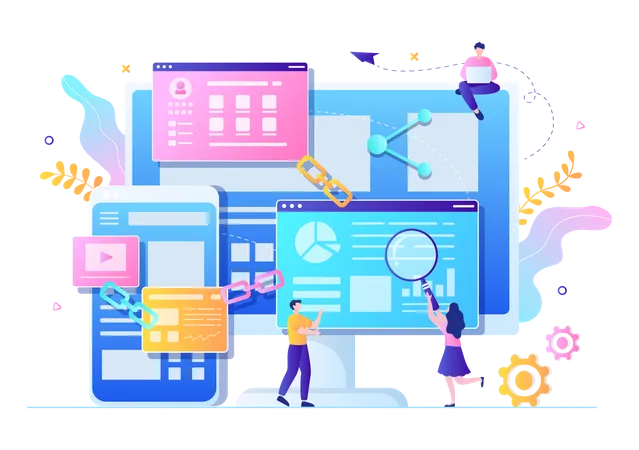 SEO Link Building As Search Engine Optimization Marketing And Digital For Home Page Development Or Mobile Applications Vector Illustration イラスト